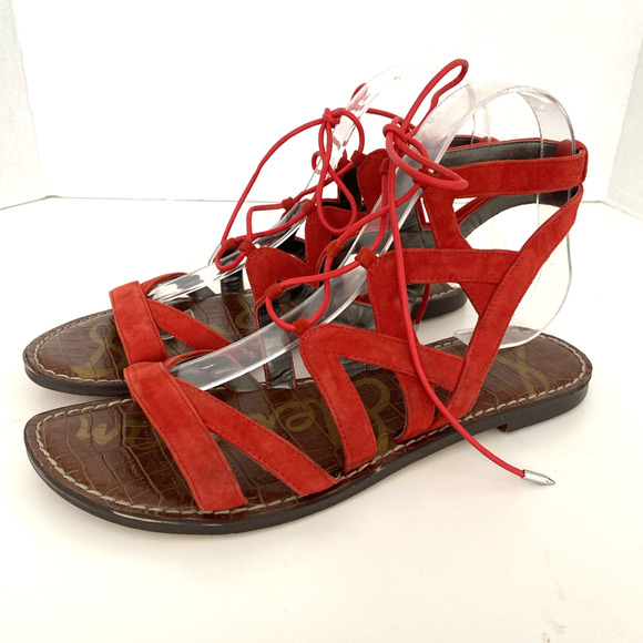 Sam Edelman GEMMA Sandal Caged Red Suede Gladiator Strappy Flat Open 8 - Picture 4 of 6